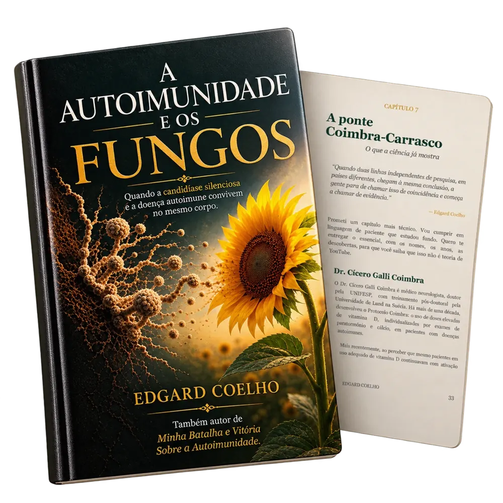 Mockup do livro A Autoimunidade e os Fungos, de Edgard Coelho, com a capa e uma página aberta